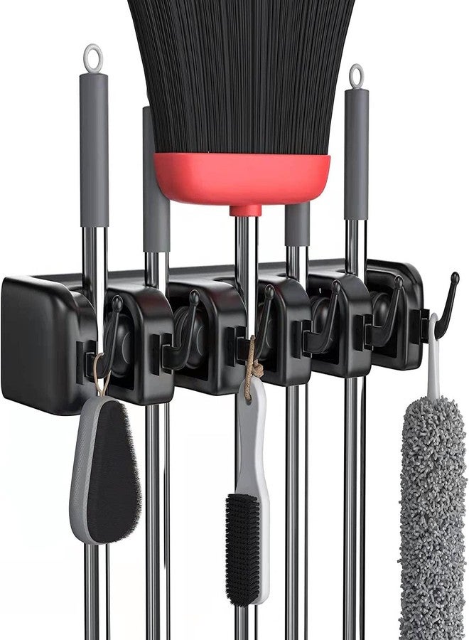 Zeinwap Plastic Mop And Broom Holder Wall Mount, Heavy Duty Broom Holder Wall Mounted Or Tool Organizer For Home Garden Garage And Storage (5 Positions With 6 Hooks, Black) - Image 1